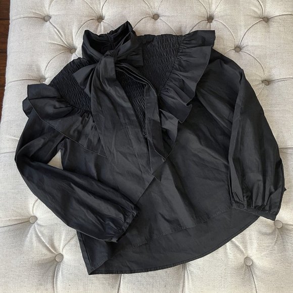 Zara Poplin Blouse Bow Tie Ruffl Black Size Zipper Peasant Top Size Small Womens - Picture 4 of 8